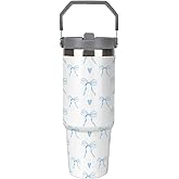 JOJOART Ribbon Bow Heart Blue Tumbler with Handle And Straw 30oz Flip Straw Stainless Steel Insulated Tumblers Travel Coffee Cup Mug Water Bottle, Fits in Car Cup Holder
