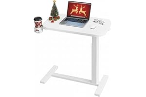 HUANUO 28Inch Bedside Table with Wheels, Height-Adjustable Rolling Computer Cart, Overbed Table with Cup Holder, Pneumatic Laptop Standing Desk for Home Office, White