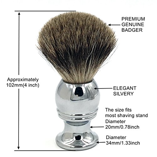 100% Pure Genuine Badger Brush - Outstanding Quality Elegant Silvery Brush Handle + Beautiful Stainless Steel Shaving Soap Bowl and Razor Brush Stand, The Best Gift for Gent Mens