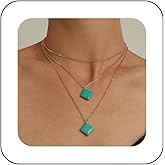Andelaisi Boho Layered Turquoise Choker Necklace Gold Turquoise Necklace Choker Vintage Square Turquoise Necklace Choker Multilayer Turquoise Stone Necklace Chain Jewelry for Women
