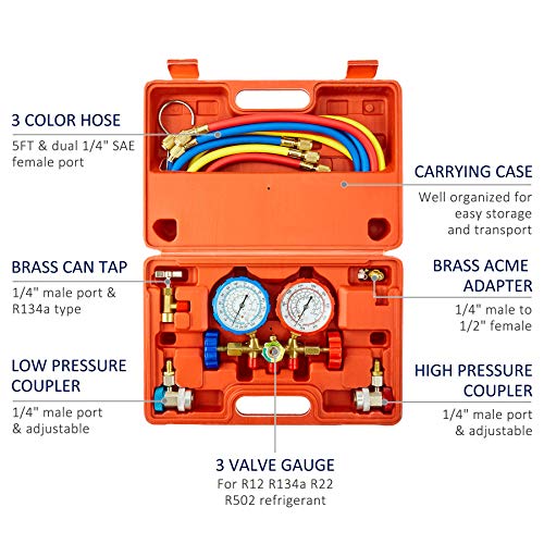 OMT 3 Way AC Diagnostic Manifold Gauge Set for Freon Charging, Fits