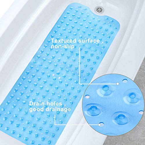 MEMX Bath, Shower, Tub Mat, 40x16, Machine Washable, BPA Free, Phthalate Free, Latex, Bathtub Mats with Drain Holes, Suction Cups, Non-Slip Bathroom Mats, Blue.