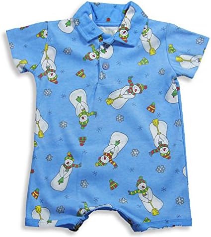 Pepper Toes Layette by Baby Lulu - Baby Boys Short Sleeve Snowman Romper, Blue 16987-6Months