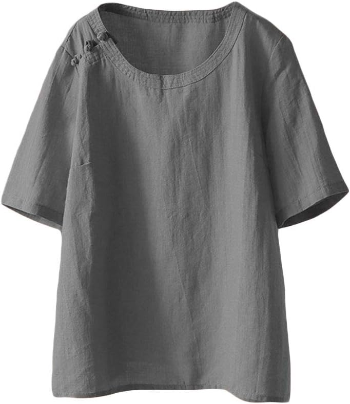 Mordenmiss Women's Cotton Linen Shirts Summer Short Sleeve Tunic Tops