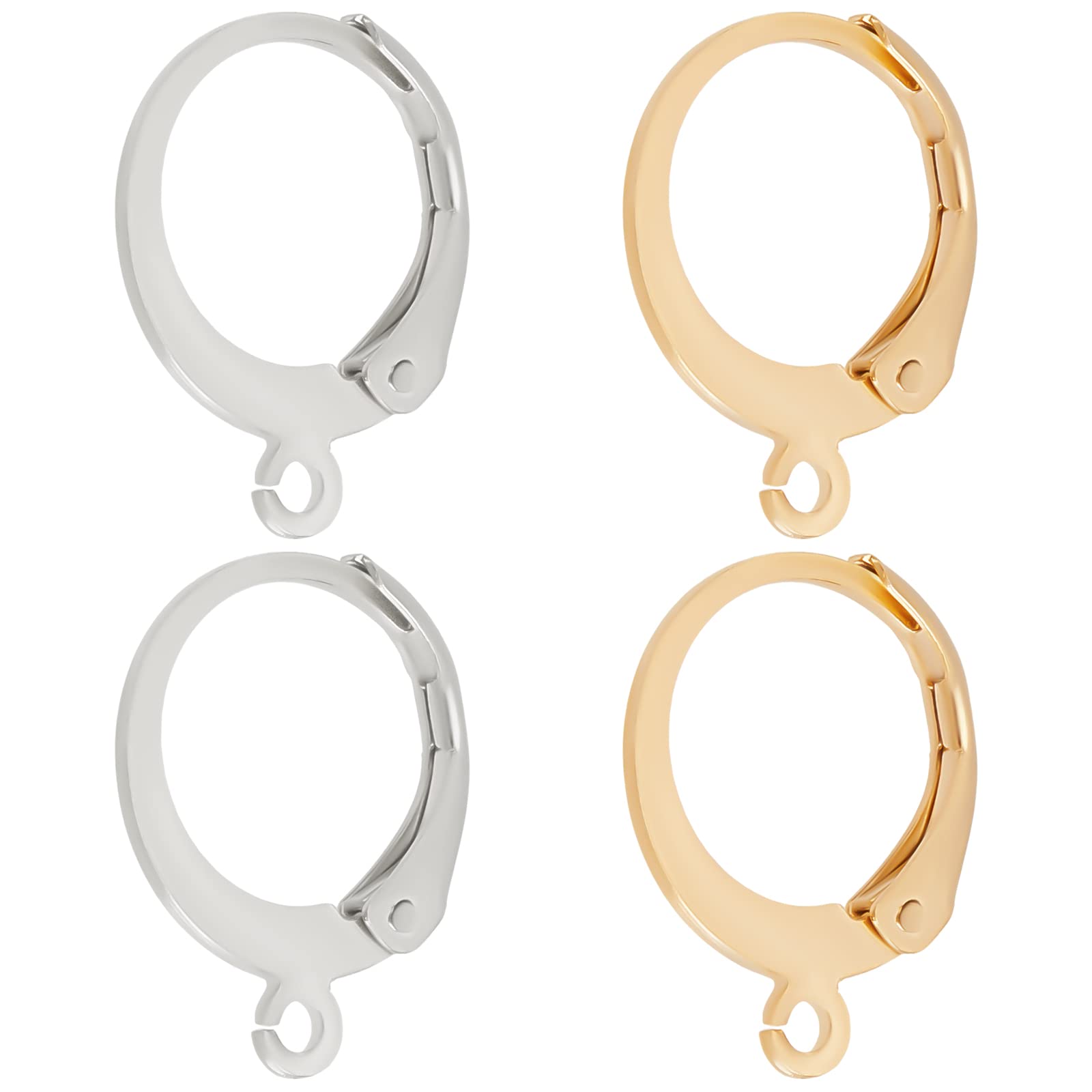 Beebeecraft 1 Box 100Pcs 2 Colors Leverback Earring Hooks 24K Gold Plated Stainless Steel Round Lever Back Huggie Hoop French Ear Wire for Jewellery Making Leverback Earring Findings (14.5×12.5mm)