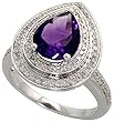 14k White Gold Ring, with Brilliant Diamonds and Pear Cut Amethyst Stone