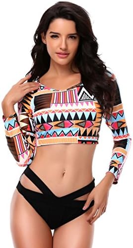 Women's Rashguard 2 pec Swimsuits Printed Long Sleeve Rash Guard Swim Shirt UV Tops Swimwear Bottom Beachwear
