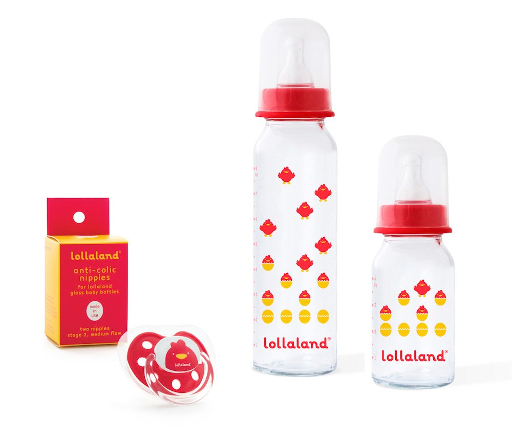 Lollaland Glass Baby Bottle Gift Set (Red) - Includes 8 oz Bottle, 4 oz Bottle, 2 Feeding Nipples, 1 Pacifier - BPA/BPS/PVC/Pthalate Free