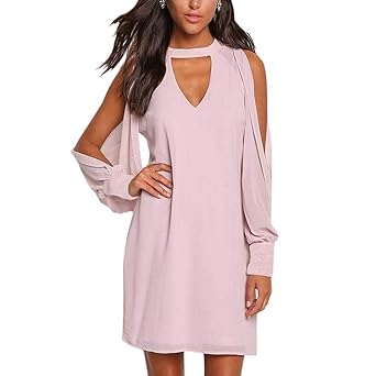 Aesyorg Schulterfreies langärmliges Kleid für Damen Sexy V-Ausschnitt Neckholder-Knopf hinten offenes, weibliches Kleid