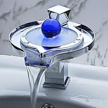 Eleoption RGB Farbwechsel LED Wasserfall Armatur Wasserhahn mit Ablaufgarnitur für Bad