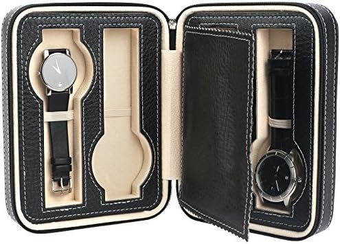 Mantello 4 Slot Leather Portable Travel Watch Case Storage Organizer, Black