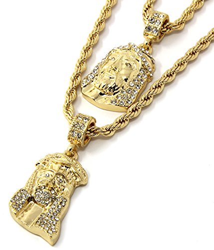 Mens Gold Two Piece Iced Jesus Faces Set Pendant Hip Hop 24" & 30" Rope Chain D227