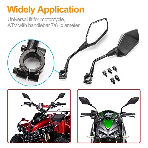 Universal Motorcycle Mirrors ATV Rear View Side Mirrors for 7/8" Handlebar with 10mm/8mm Clockwise & Counterclockwise Threaded Mounting Bolt