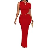 BARASA Two Piece Sets For Women Summer One Shoulder Tops Bodycon Maxi Skirt Set Vacation Sexy Outfits DSA75