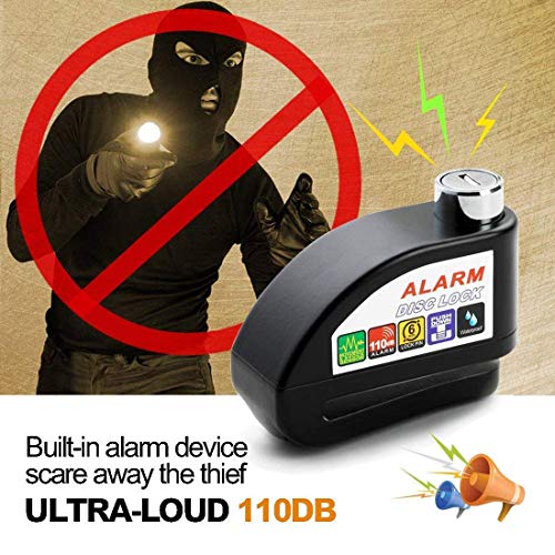 Disc Brake Lock With Alarm | Anti-theft Motorcycle Motorbike Alarm Disc Lock, Waterproof Brake Disc Pouch Wheel Security Lock | 110dB Alarm Sound and 6mm Pin with 5ft Reminder Cable for Motorcycles Bi
