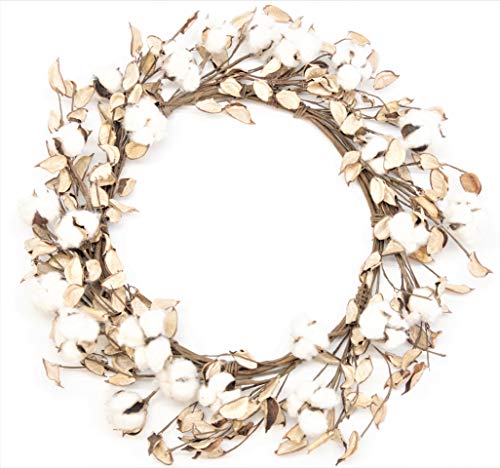 Silvercloud Trading Co. Real Cotton and Husk Wreath - 16"-24" - Adjustable Stems - Farmhouse Decor Great for Front Door - Wedding Centerpiece