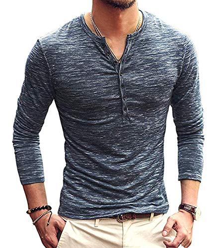 Men's Soild Henley Short Sleeve Tops Buttons Front Casual T Shirts Tee,Navy,M
