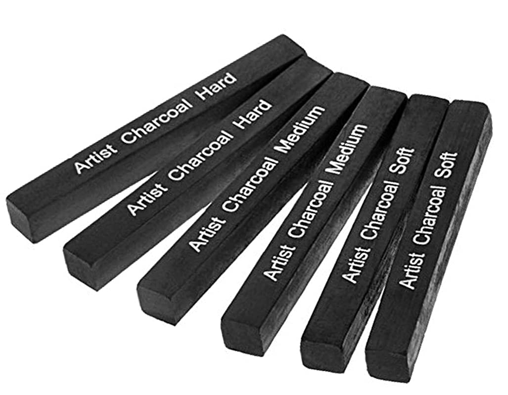 iEasey Square Black Art Charcoal Stick Compressed Charcoal Block Drawing Assorted Artist Sketch Charcoal for Drawing Sketching Shading, Pack of 6 Soft Medium Hard Charcoal Stick