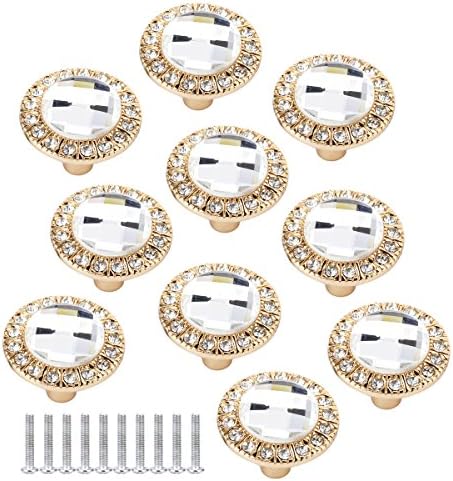 30MM Round Shape Crystal Glass Knobs Drawer Cupboard Pulls Handles Wardrobe Drawer Cabinet Door Kitchen Knobs and Handles, Pack of 10 (Gold)