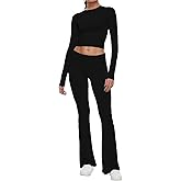 AnotherChill Women's 2 Piece Lounge Sets Fold-over Flare Pants Set Long Sleeve Cropped Top Casual Outfits Pajamas