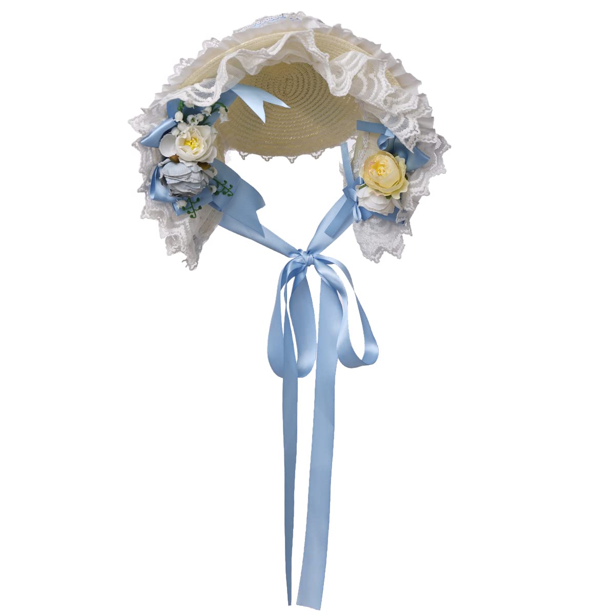 COSDREAMER Women Victorian Bonnets Lace Flowers Tea Party Hats (Blue) — image 1