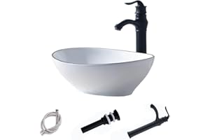 16 Inch Oval Bathroom Vessel Sink With Faucet and Drain Combo, HLBLFY 16X13 Inch Above Counter White Porcelain Ceramic Vessel Sink Basin Washing Bowl Set and Faucet，White Background and Black Edge