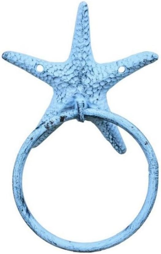 Rustic Dark Blue Whitewashed Cast Iron Starfish Towel Holder 8.5 Inch - Starfish Decoration - Sea Home