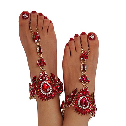 Holylove 1 Pair Red Glass Anklets for Beach Barefoot Sandals Wedding Vacation with Gift Box-AB051Red