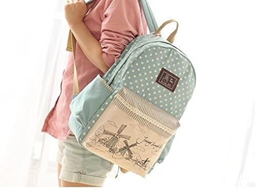 Nelipo リュックサック リュック 人気 高校生 中学生 学生 通学 女子 レディース かわいい おしゃれ 街景 プリント 水玉 ドット 柄 レース キャンバス ミントグリーン タウンリュック ビジネスリュック Amazon