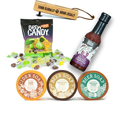 Beer Stuff Survival Kit - Great Gift Set for Beer Lovers, Man Cave Gift Basket with Beer Soap, Beer Candy, Beer-infused Hot Sauce, and Bottle Opener Made From Whiskey Barrels, Great Father's Day Gift