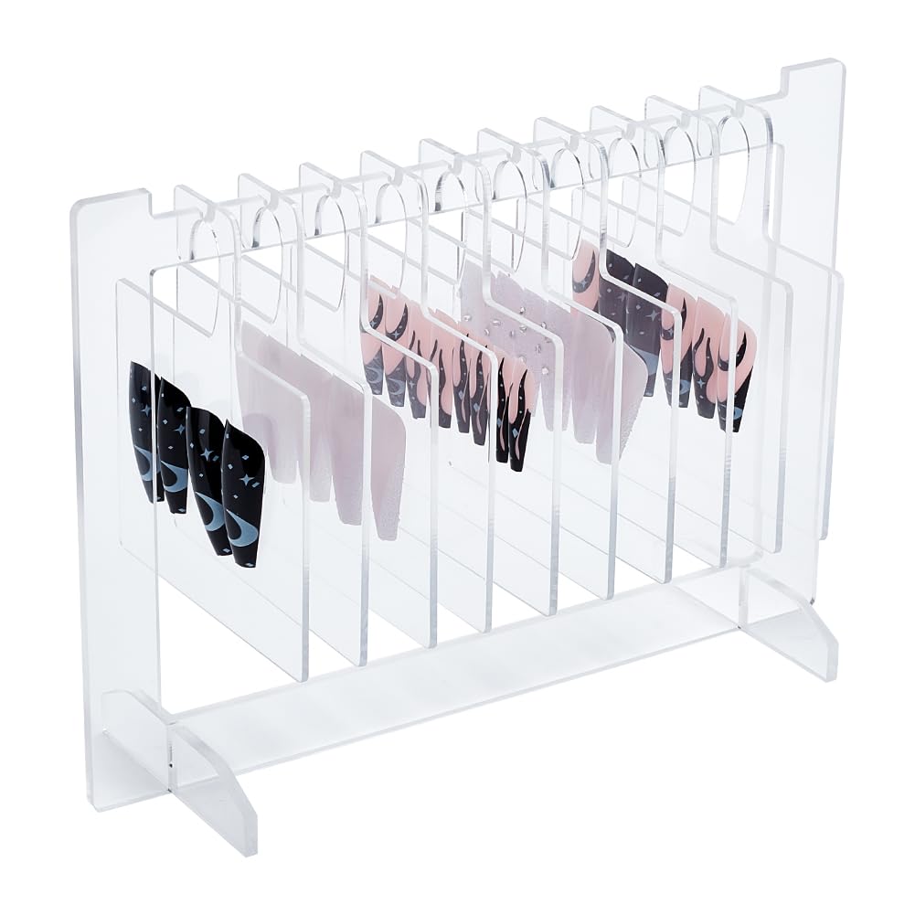DELORIGIN Acrylic Nail Art Display Boards, Transparent Sample Display Stand with 10pc Hangers Rack False Nail Organizer for Women Selling Professional Salon Showing