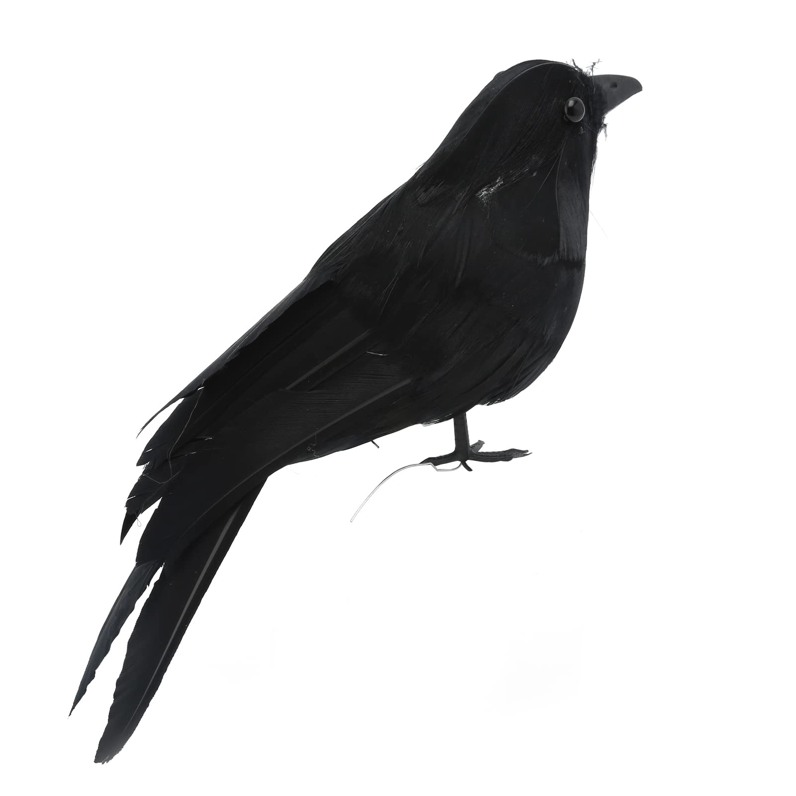 MAGT Lifelike Feather Raven, Black Feathered Birds, Halloween Decoration Props Scary Party Decor (Black Eyes)