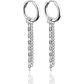 Fusamk Fashion Stainless Steel Huggie Hinged Hoop Earrings Tassel Long Chain Dangling Drop Earrings