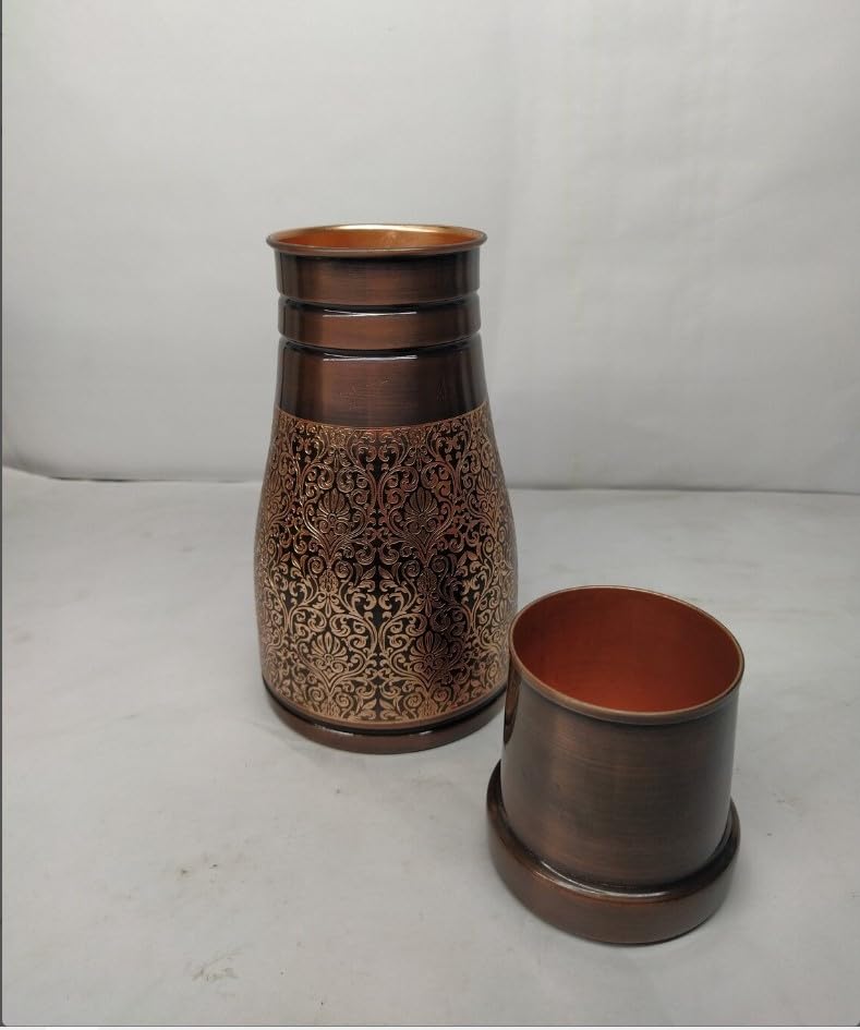 Hygge Antique Embossed Pure Copper Bedside Carafe with Tumbler, 1L (34 oz) Water Pitcher for Home, Yoga & Ayurveda