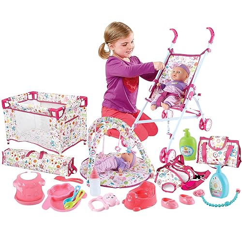 deAO Accessoires pour Poupée 33 Cm avec Landau, Lit De Poupée, Tapis De Jeu