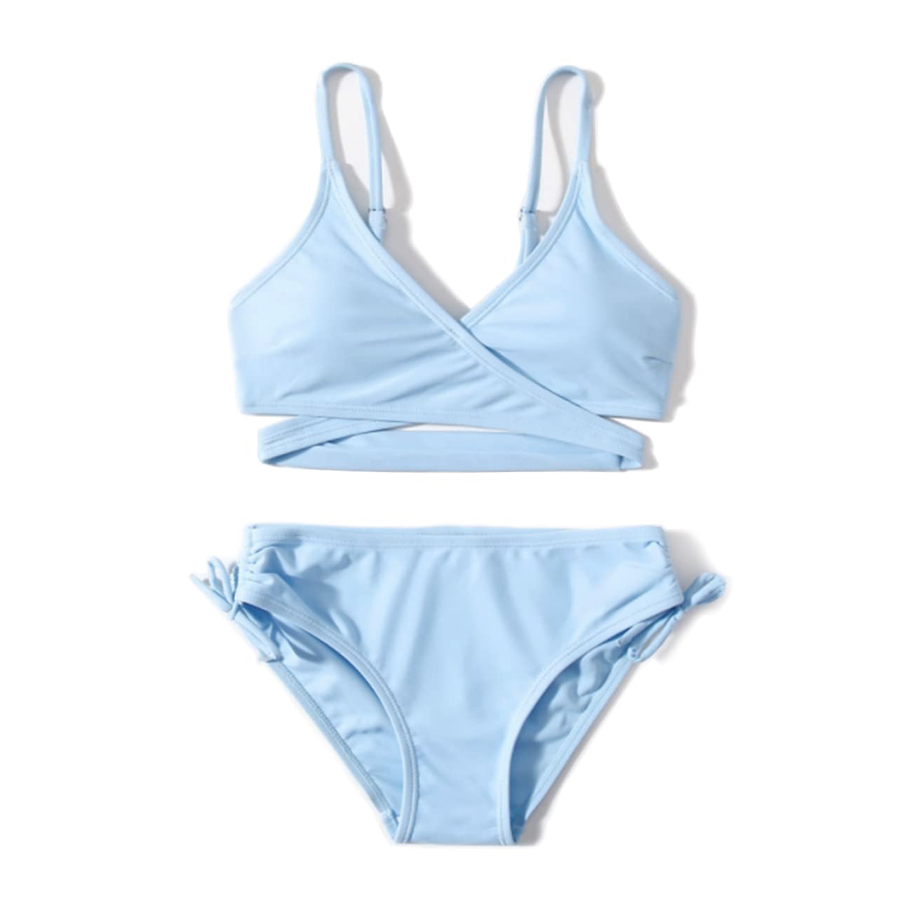 Photo 1 of MIENOE Teen Girls' Swimsuits Two-Piece Swimsuit V-Neck Bikini Swimsuit Solid Color Adjustable Shoulder Straps Swimsuit Kids Sky Blue Bikini LARGE