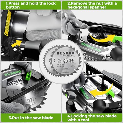DESOON Sega Circolare da 1600 W con Guida Laser, Include Guida Parallela e 2 Lame da Seghetto (185 mm, 24T e 40T), 5500 Giri/min, Profondità di Taglio 65 mm (90°) e 43 mm (45°), per Taglio Legno