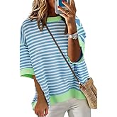 JEKAOYI Womens Tops Casual Oversized Striped Short Sleeve T Shirts Crewneck Pullover Loose Blouse