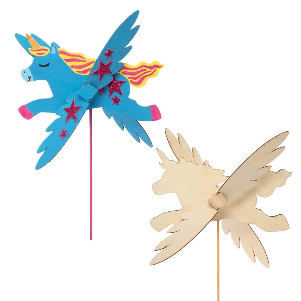 Baker Ross FE257 Unicorn Windmill Spinners Craft Kit - Pack of 3, Wooden Garden Windmills for Children, Spinner for Kids Arts and Crafts Activities.