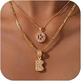 ROJHOL Gold Layered Initial Necklaces for Women, 18K Gold Plated Layering Round Letter Pendant Figaro Chain Letter Choker A-Z Zirconia Letters Name Crystal Jewelry Gifts for Women