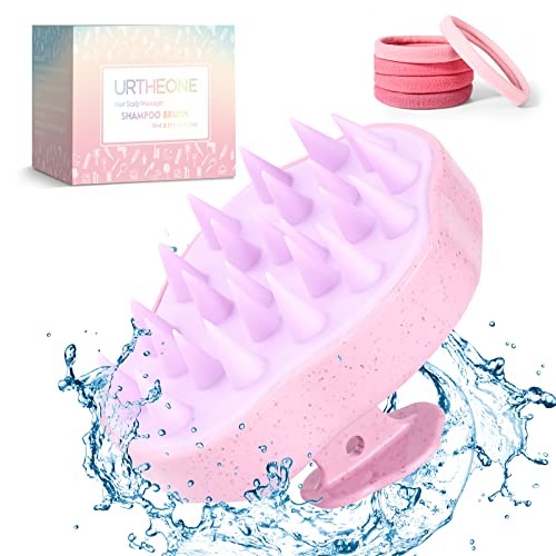 URTHEONE Scalp Massager Shampoo Brush, Hair Scalp Scrubber Head Massager with Soft Silicone Bristles for Women Men Kids Pets Shower and Hair Growth(Purple) Includes 5 Pcs Hair Ties