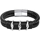 Forziani Mens Premium Black Nappa Leather Bracelet - Genuine Braided Leather Bracelet with Stainless Steel Clasp - Size Medium - Gift Packaging Included - Mens Gifts