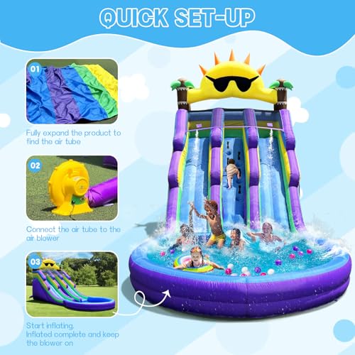 Inflatable Water Slide with Big Splash Pool, Water Slides Backyard Water Slide and Swimming Pool Summer Splash Party (Sun Glassess)