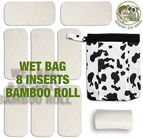 Growing Eco Happy Set of 8 Pack Reusable Bamboo Cotton Inserts for Cover or Pocket Cloth Nappies Diaper, Washable 4 Layer, One Size/Cute Cow Wet Bag/Biodegradable Flushable Bamboo Liners Roll