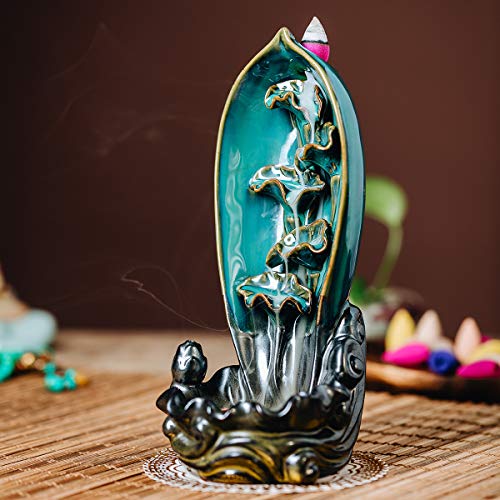 INONE Ceramic Backflow Incense Burner Waterfall Incense Holder, Free 120 pcs Incense Cones