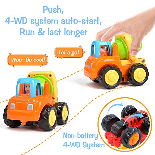 Friction Powered Cars Push and Go Toys Cars for Toddlers Baby Boys Inertia Toys Early Educational Toddler Toys Construction Vehicles Toys Kids Gift Tractor, Bulldozer, Cement Mixer, Dump Truck, 4Pcs - Thumbnail 2