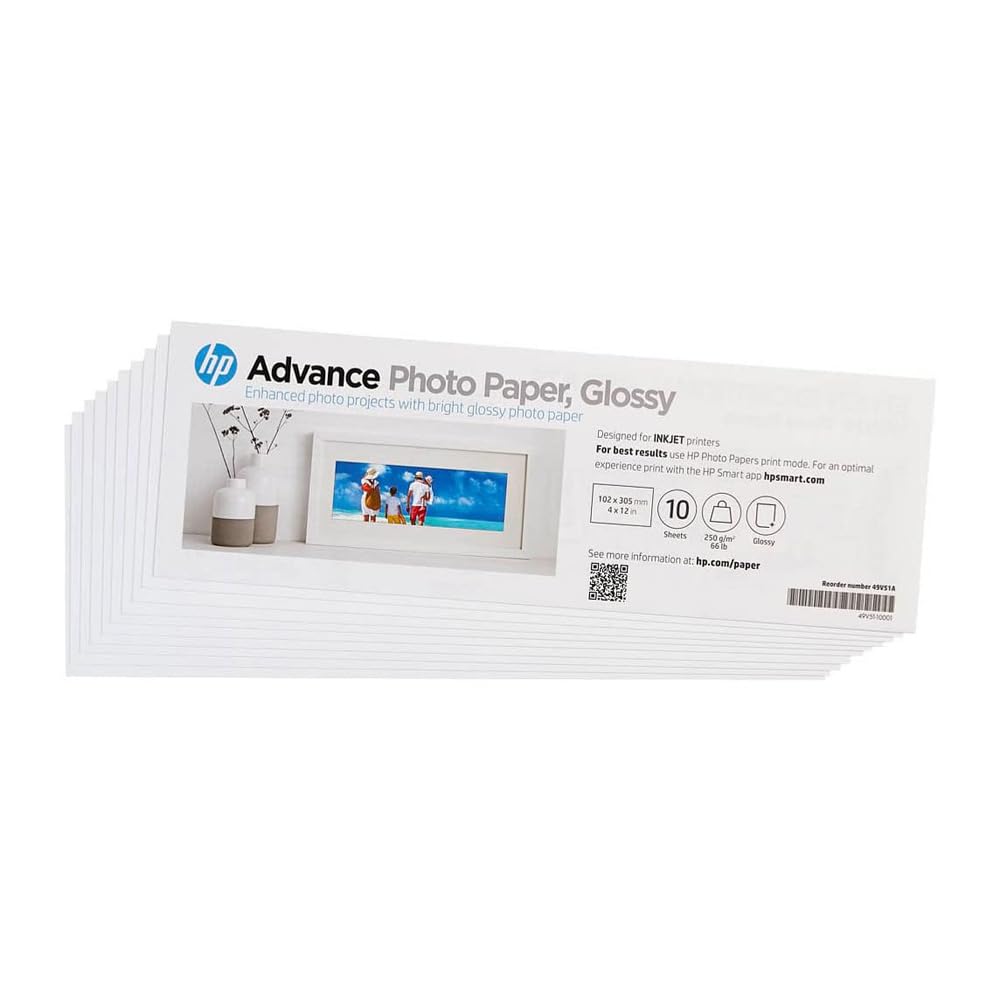HP Advance Photo Paper, Glossy, 250 g/m2, 4x12 in, 10 Sheets (49V51A)