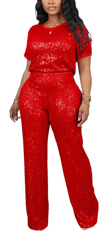 Photo 1 of LROSEY Womens Sequin Two Piece Set Glitter T Shirts Top Sparkly Pants Suit for Fall Birthday Party Disco Outfits