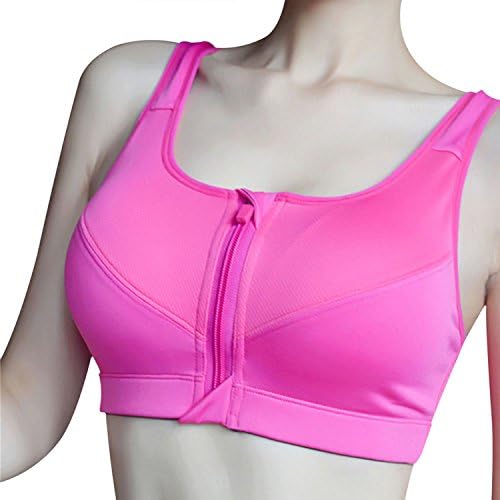 Women's Front Zip and Double Layer Sports Bra Wireless High Impact Active Yoga Gym Sports Bras (M, Pink)