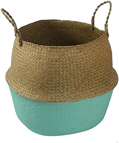 Pueri Natural Seagrass Belly Basket Collapsible Woven Tote Belly Basket with Handle for Toy Laundry Storage Plant Flower Pots Picnic Beach Bag Home Decor (M, B)